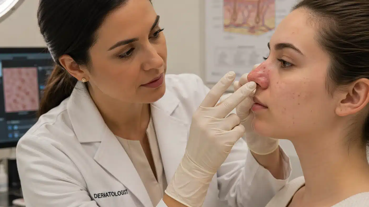 A dermatologist looking at patient's nose acne