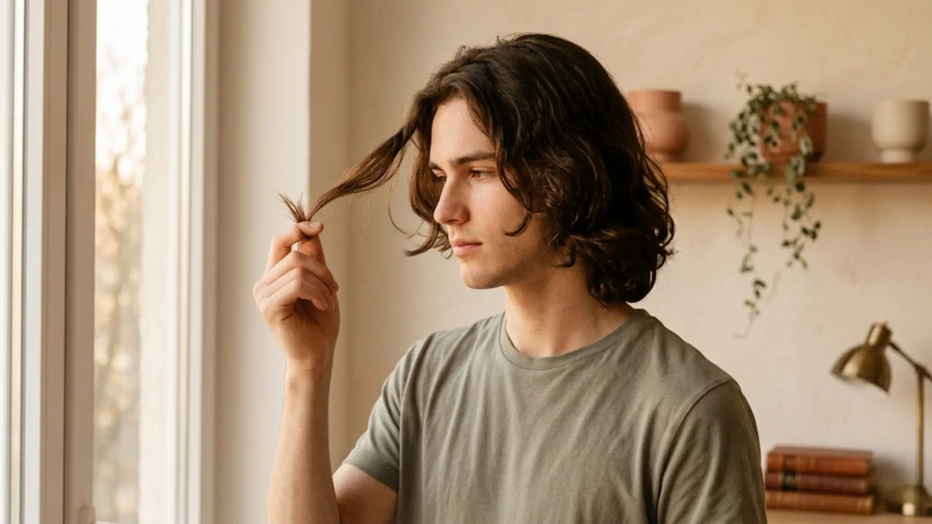 A man examining his hair ends in natural light to check if they need a trim