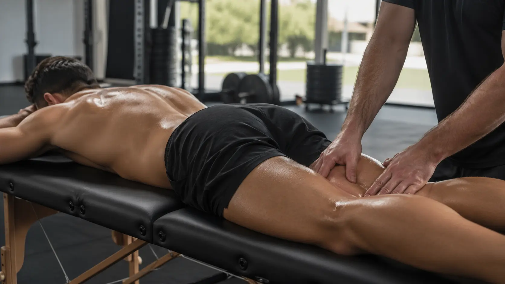 A man getting a massage in a gym, relaxed on a table with weights and exercise machines nearby
