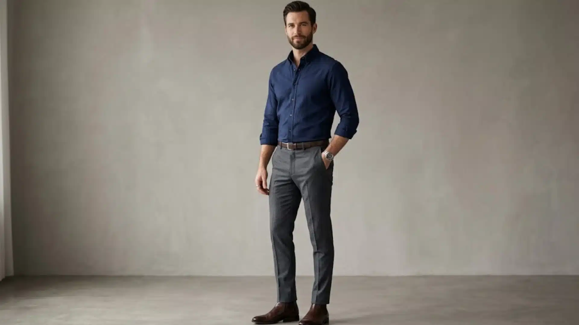 A man in a navy button-down, grey trousers, and brown boots stands against a minimalist grey wall