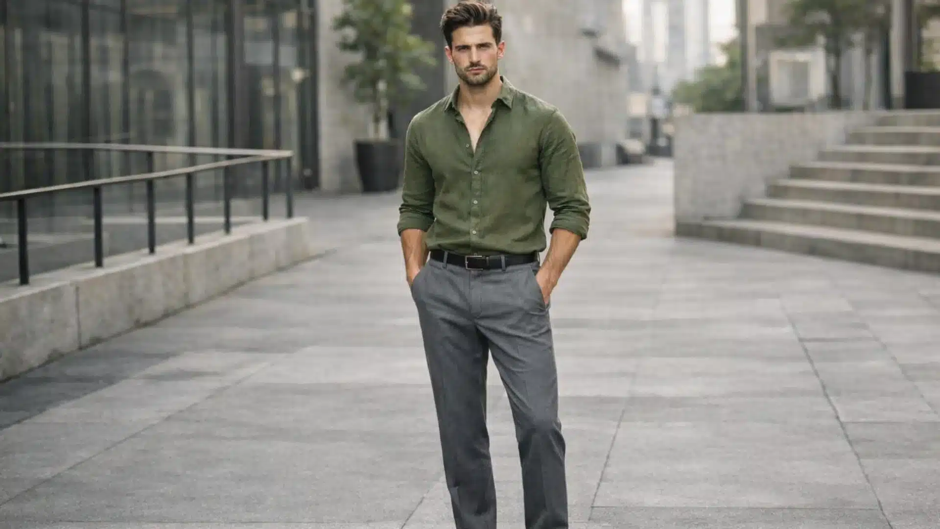 A man in an olive green linen shirt and grey trousers stands on a city plaza with his hands in his pockets