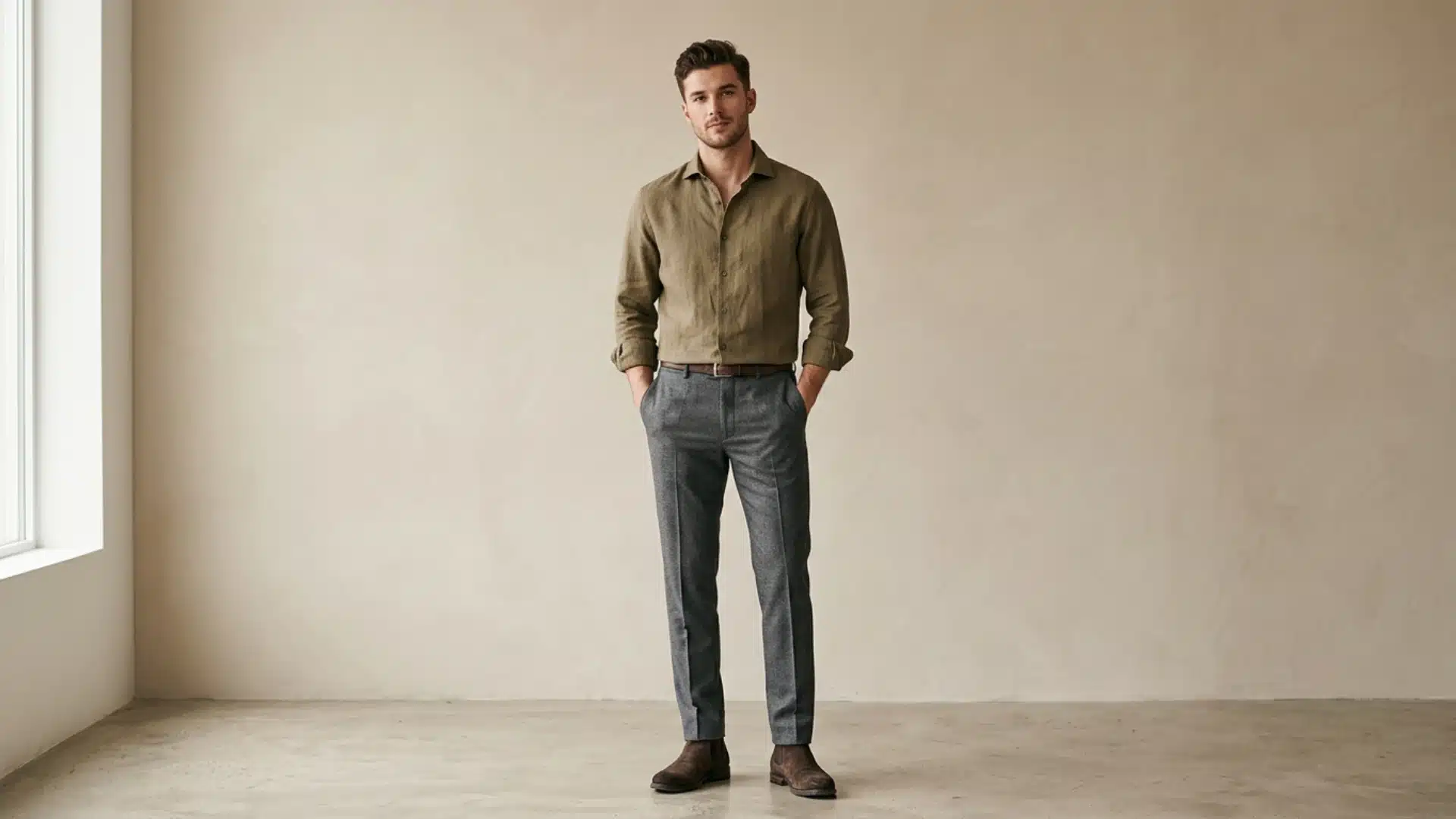A man in an olive linen shirt and grey trousers stands with hands in his pockets against a neutral wall