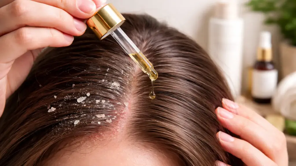 A person applies scalp serum from a dropper onto a flaky, irritated scalp to treat dandruff and dryness.