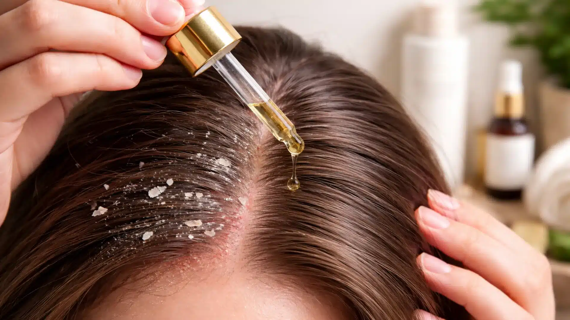 A person applies scalp serum from a dropper onto a flaky, irritated scalp to treat dandruff and dryness.