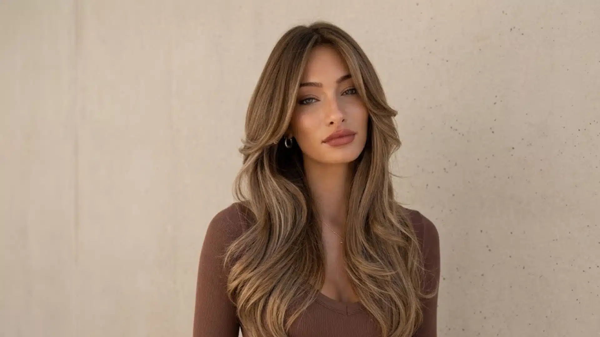 A portrait of a woman with voluminous, wavy brown and blonde hair, wearing a brown top, posing in front of a textured wall