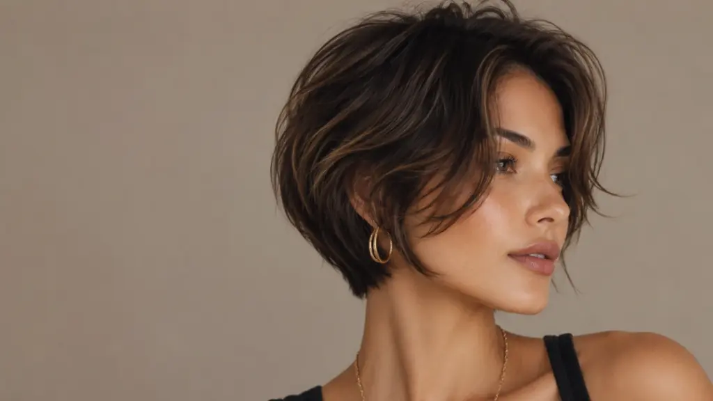 A profile of a woman with a textured, brunette bob haircut wearing gold hoop earrings against a neutral background