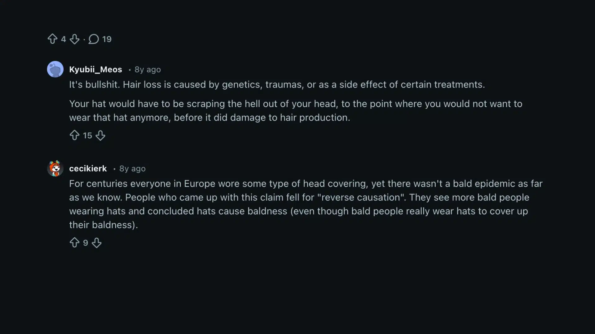 A Reddit comment thread where users debunk the myth that wearing hats causes hair loss, citing genetics and logic.