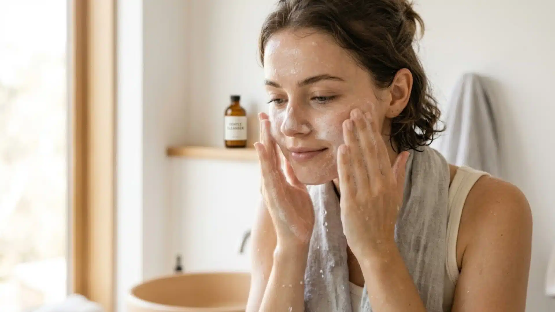 A serene person massages soft foam cleanser onto their face in bright, natural light, creating a fresh and calm mood.