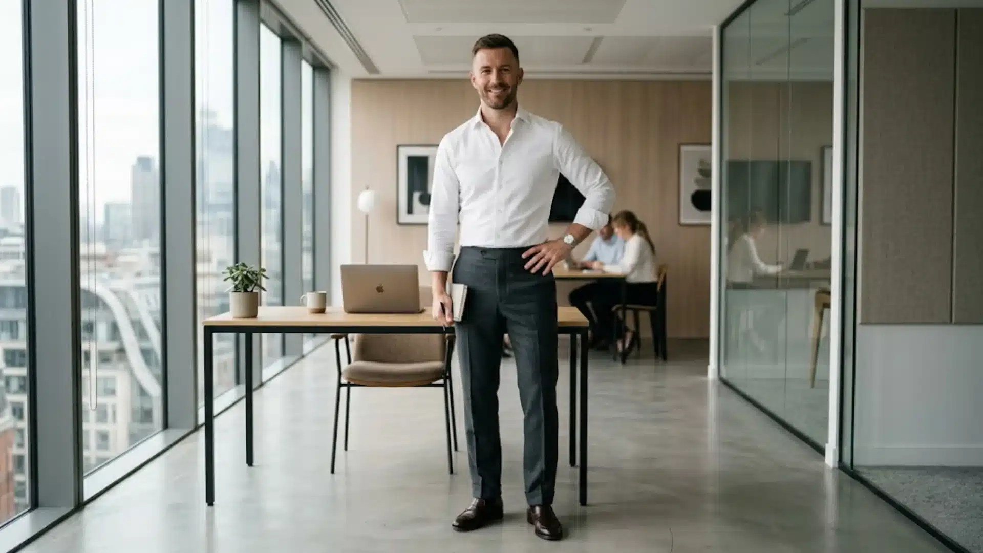 A smiling man in a white shirt and gray trousers stands in a modern, sunlit office with a city view