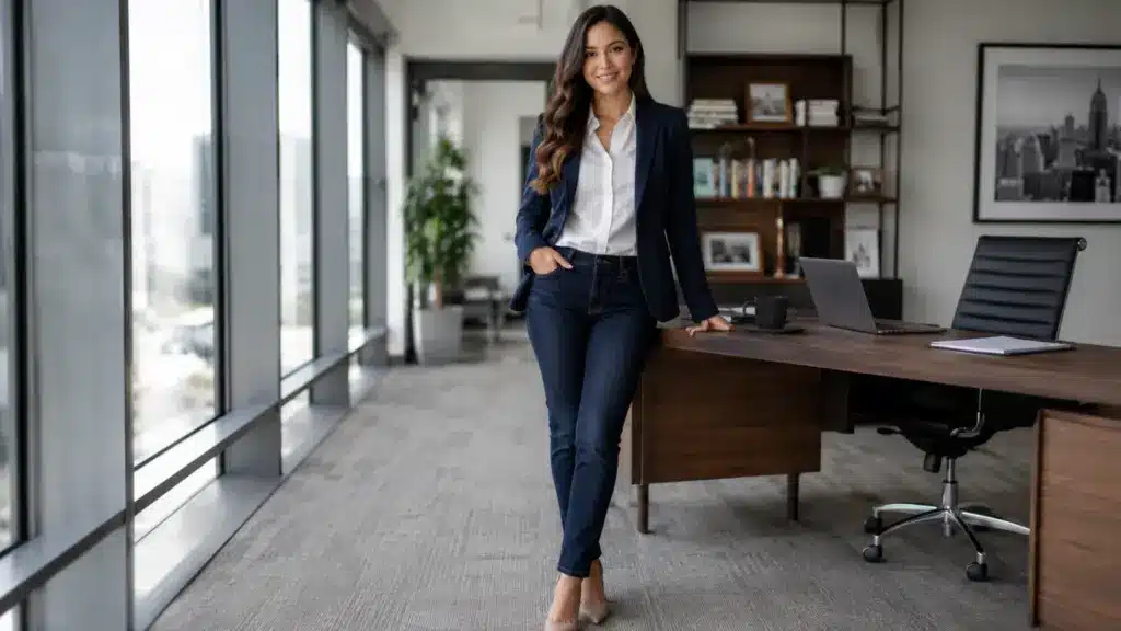 A smiling woman in a navy blazer and jeans stands in a high-rise office, leaning against a large wooden desk