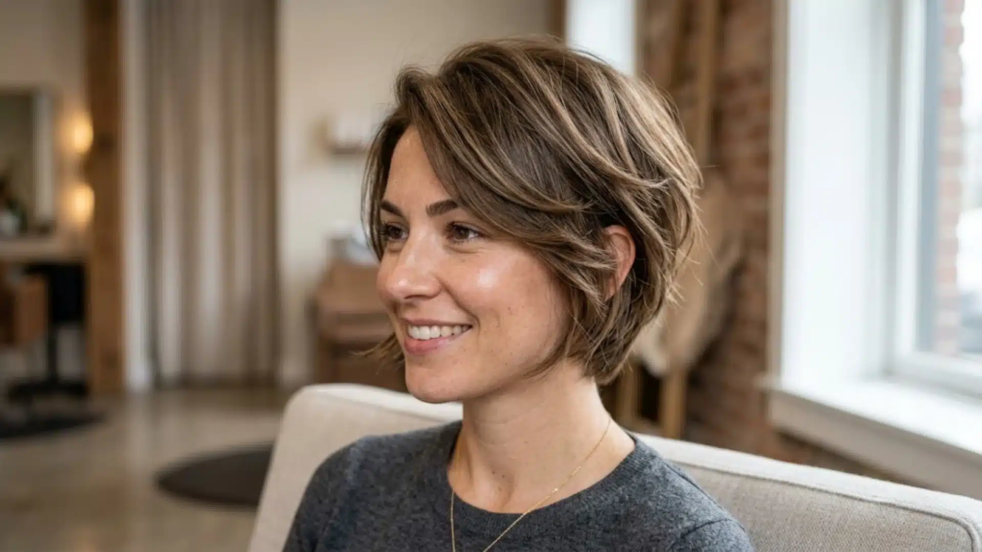 A smiling woman with a layered, chin-length brown bob haircut sits in a bright room, looking off to the side.069
