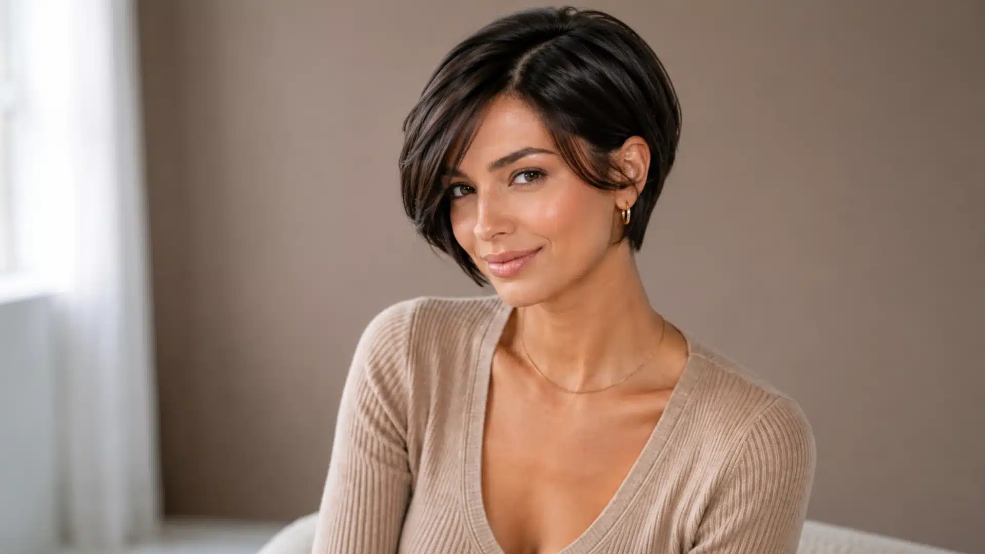 A smiling woman with a short, dark pixie haircut wearing a beige ribbed V-neck sweater