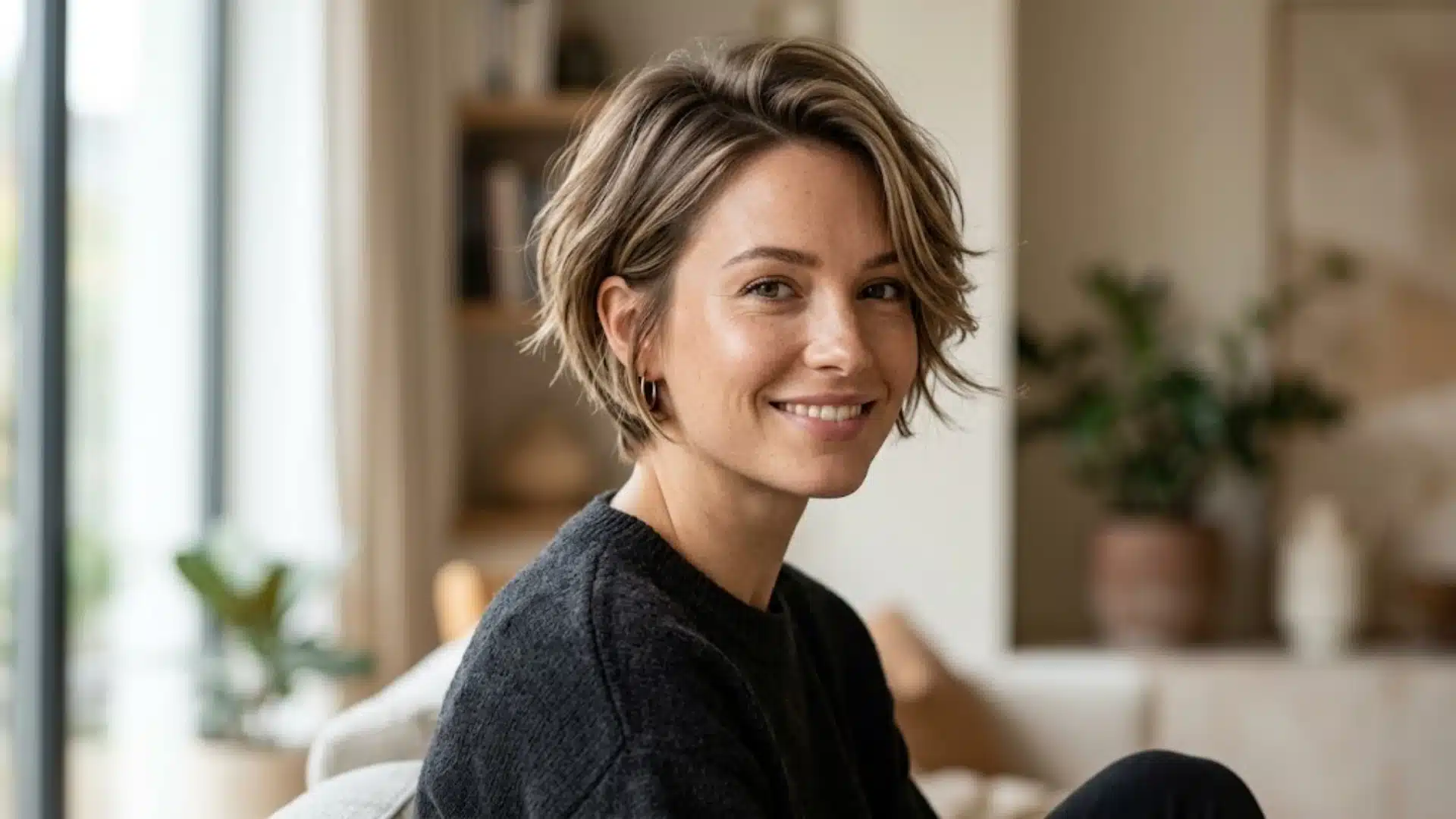 A smiling woman with a textured, highlighted short bob haircut wears a dark sweater in a bright indoor setting
