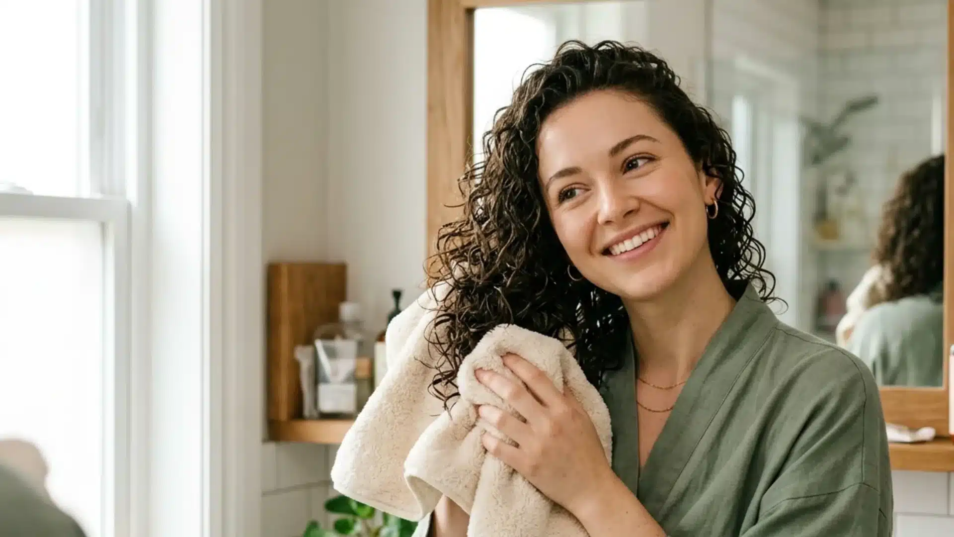 A smiling woman with curly hair drying her locks with a cream towel in a bright bathroom with plants and hair products