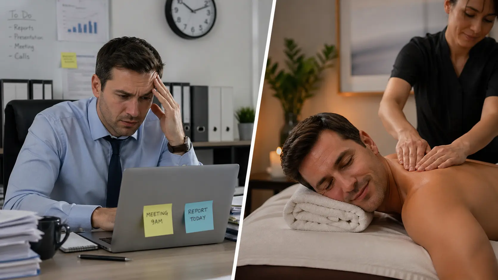 A split image featuring a man getting a massage and another man working intently on his laptop