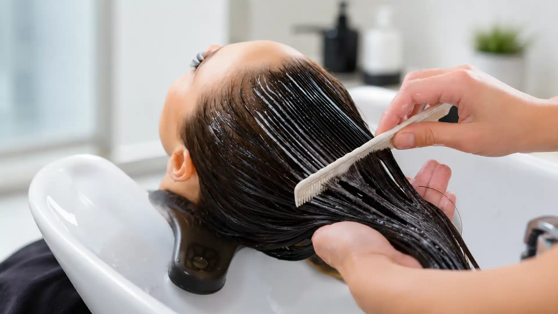 A stylist combs treatment through a client’s long dark hair over a white salon wash basin