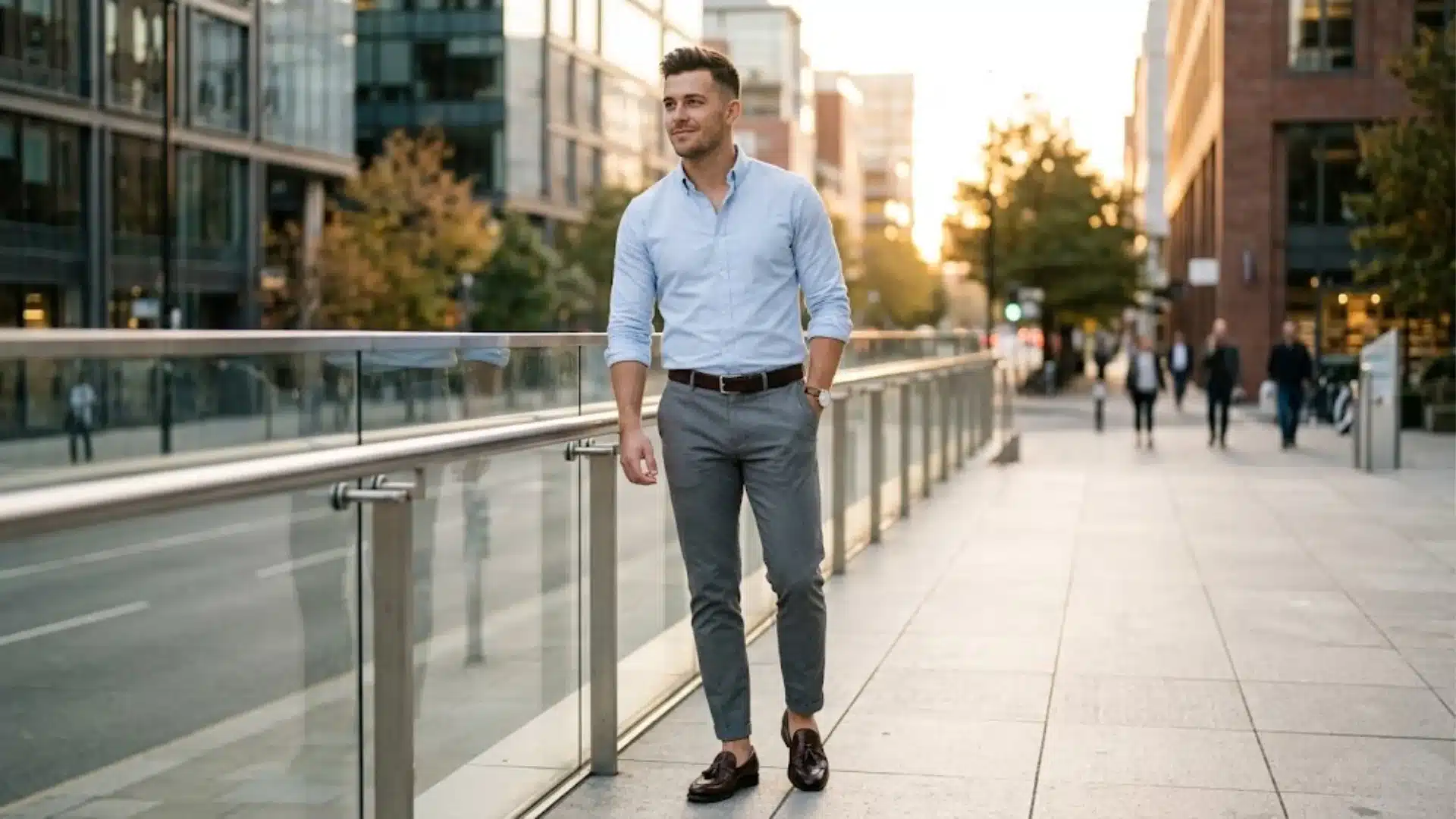 A well-dressed man in a light blue shirt and grey trousers walks along a city sidewalk during a golden sunset