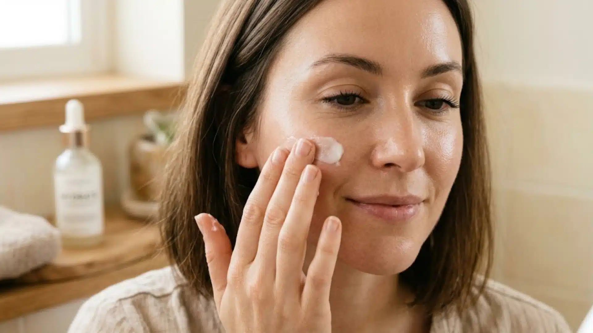 A woman applies moisturizer to her glowing skin, while the product bottle sits blurred on the counter in the background.