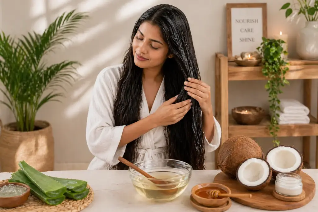 A woman applying a natural hair mask at a table with aloe vera, honey, and coconuts in a spa-like setting