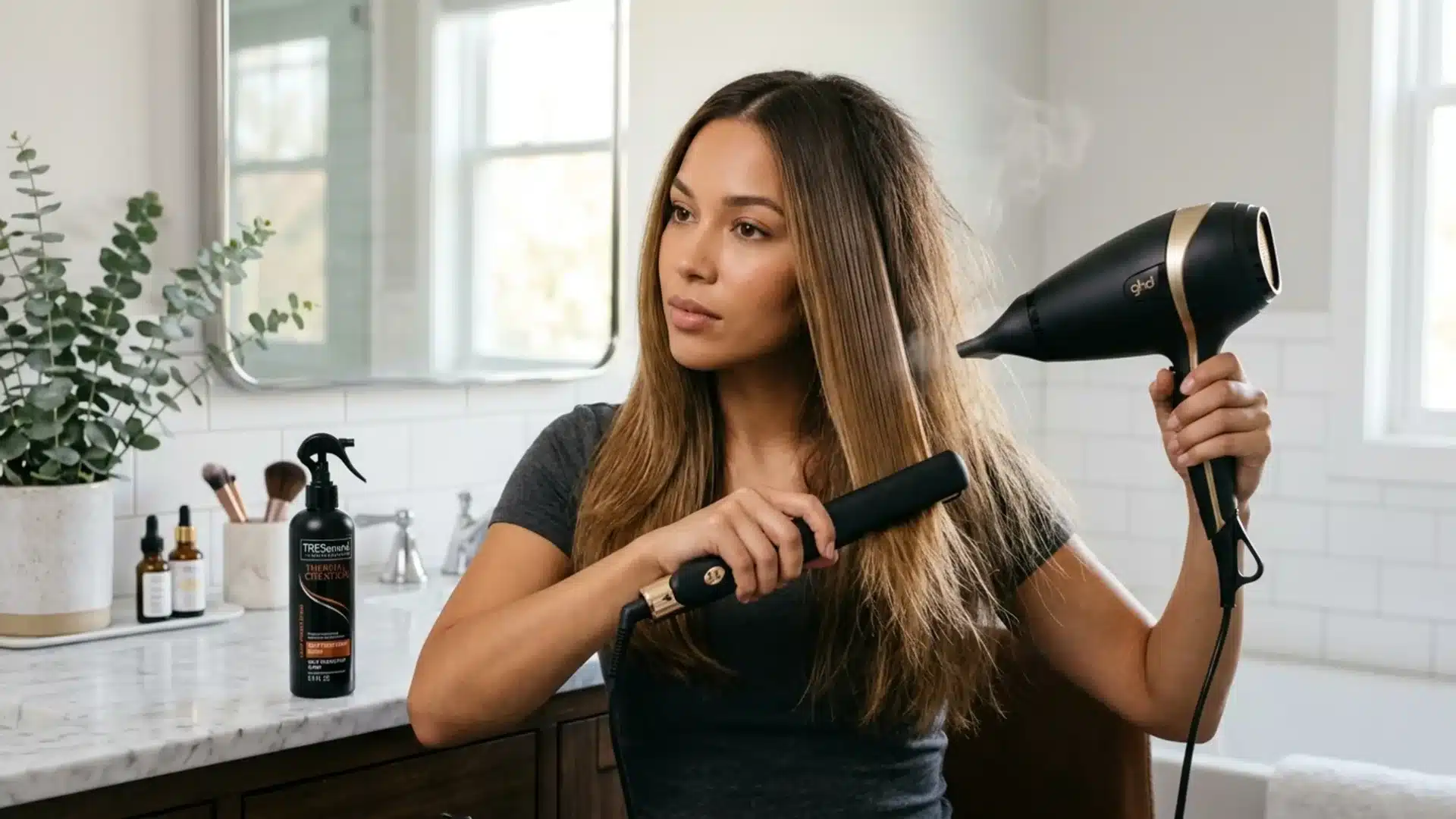 A woman in a bathroom uses a hair dryer and straightener on her long hair, with TRESemmé heat protectant nearby