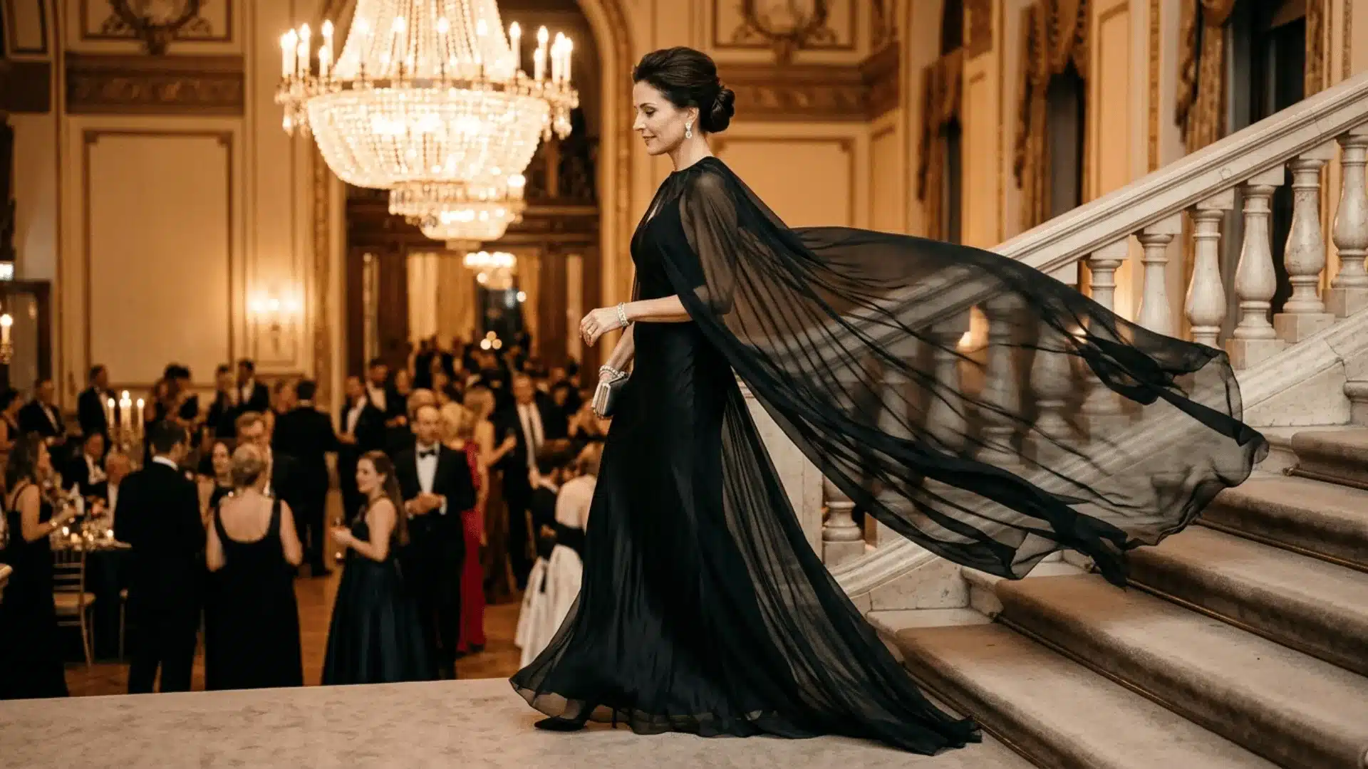 A woman in a black gown and sheer, billowing chiffon cape walks through a grand, formal ballroom at an evening gala