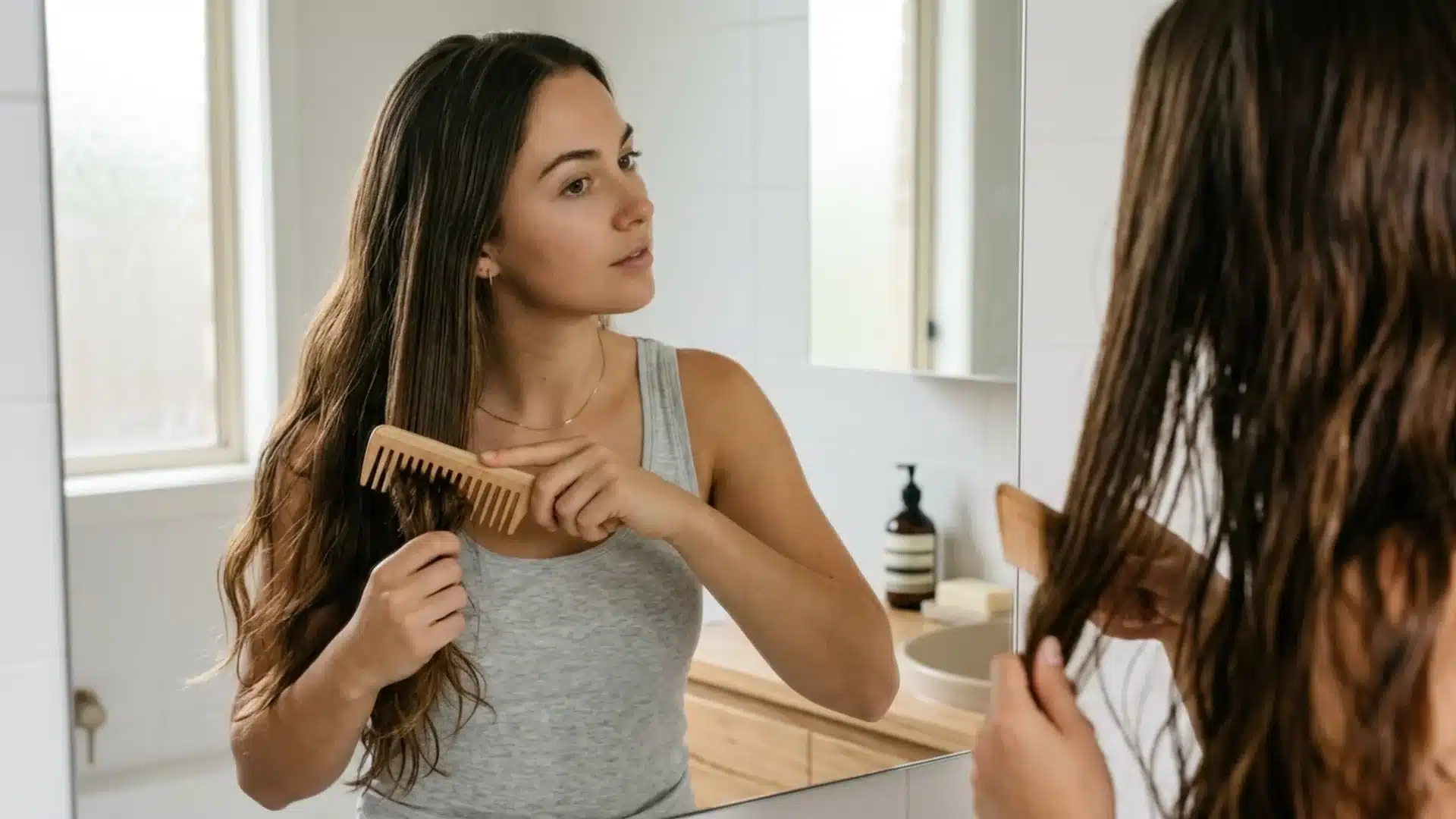 A woman in a grey tank top uses a wide-tooth wooden comb to detangle her long brown hair in a bathroom mirror