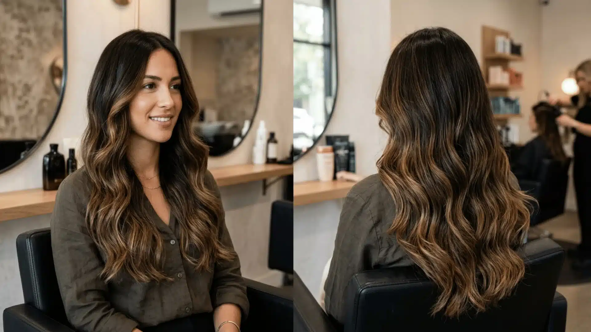 A woman in a luxury salon with long dark hair and soft caramel balayage styled in loose, shiny waves