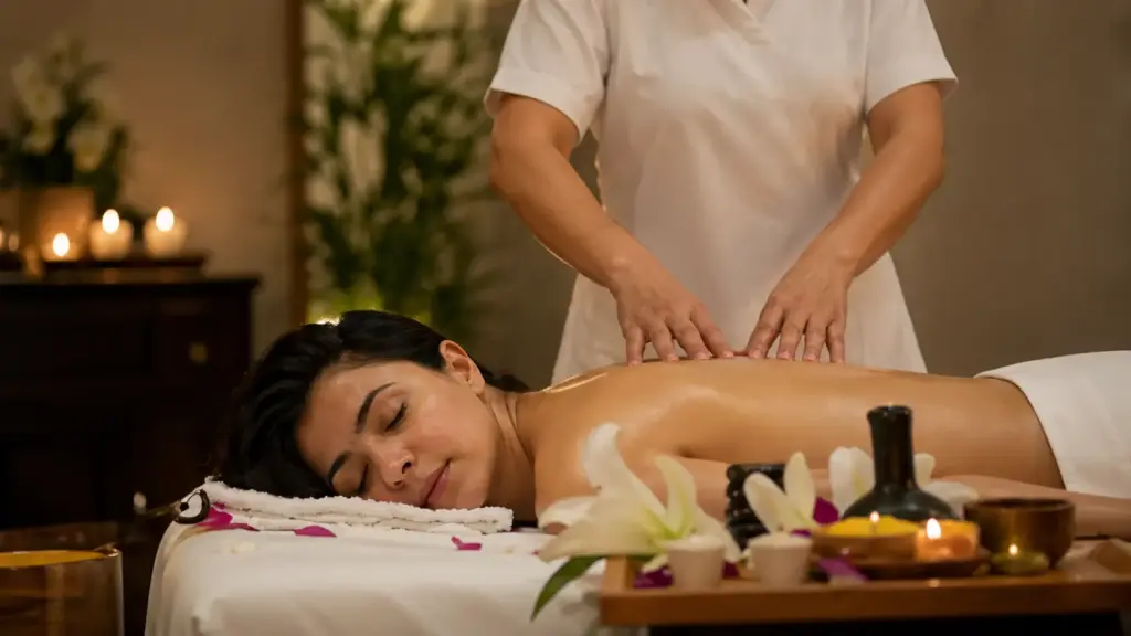A woman receiving a relaxing back massage in a serene spa environment