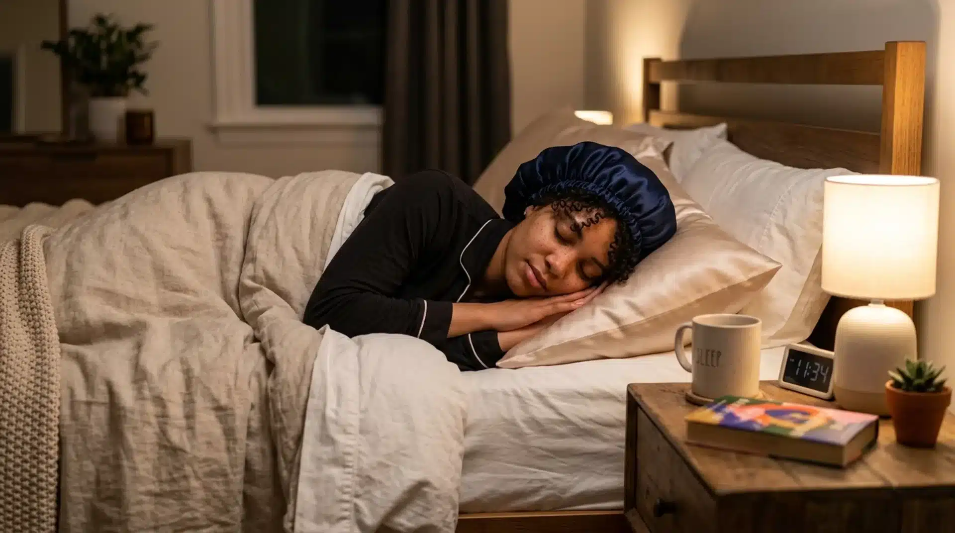 A woman sleeps in bed wearing a navy silk bonnet and black pajamas, with a lamp and mug on the nightstand beside her