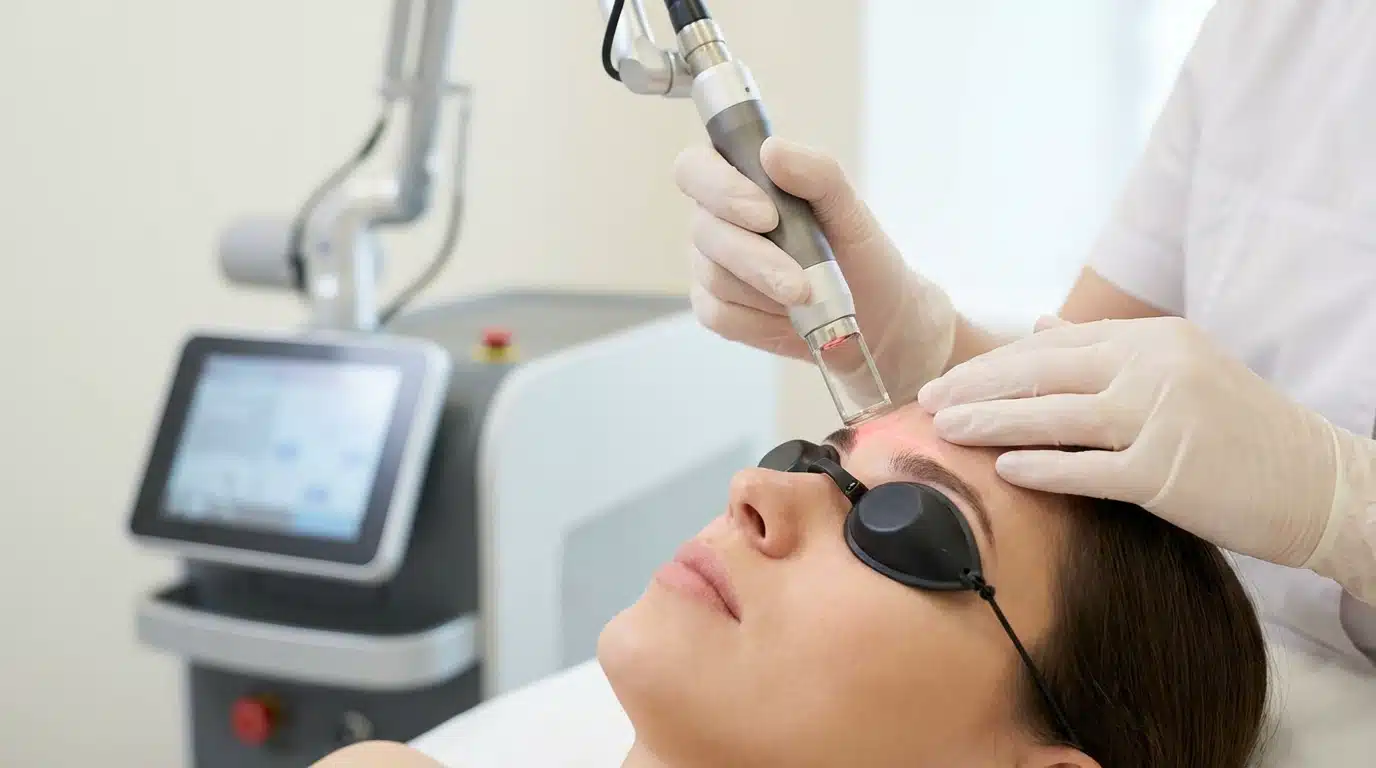 A woman wearing protective eyewear receives a laser skin treatment on her forehead from a technician in a clinic.
