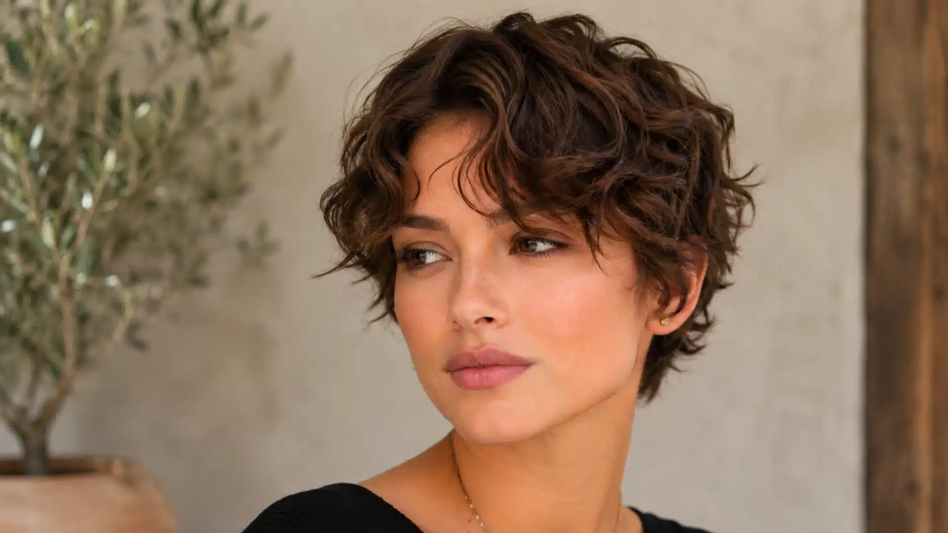 A woman with a short, wavy brunette pixie cut looks off-camera against a neutral, rustic background with a plant