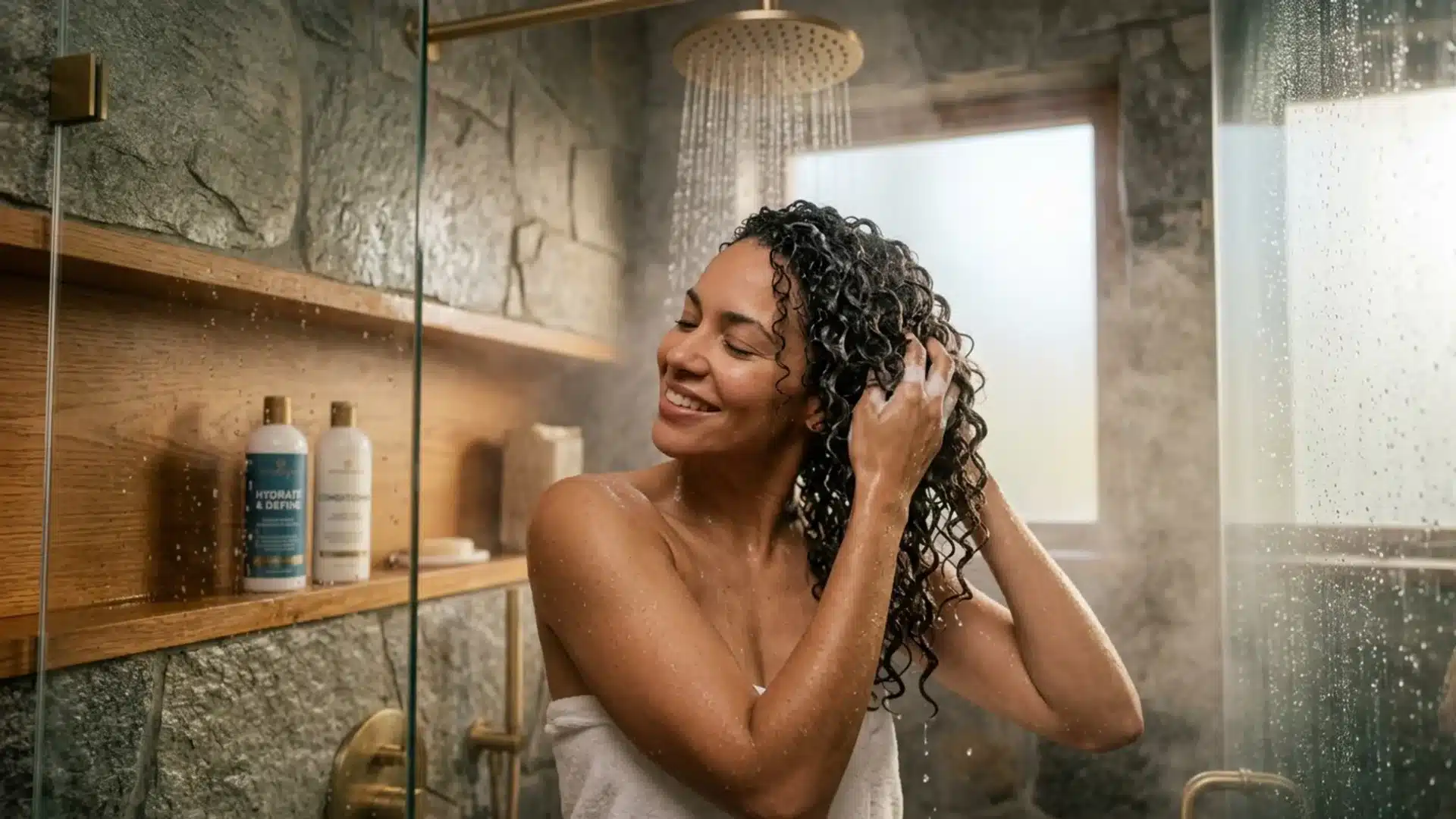 A woman with curly hair smiles while washing it under a rainfall showerhead in a stone-walled bathroom