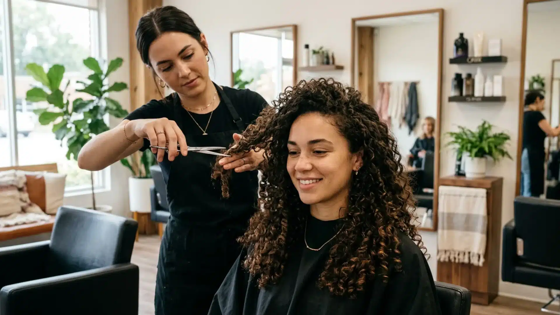 A woman with long, dark curly hair smiles as a stylist trims her locks in a bright, modern salon