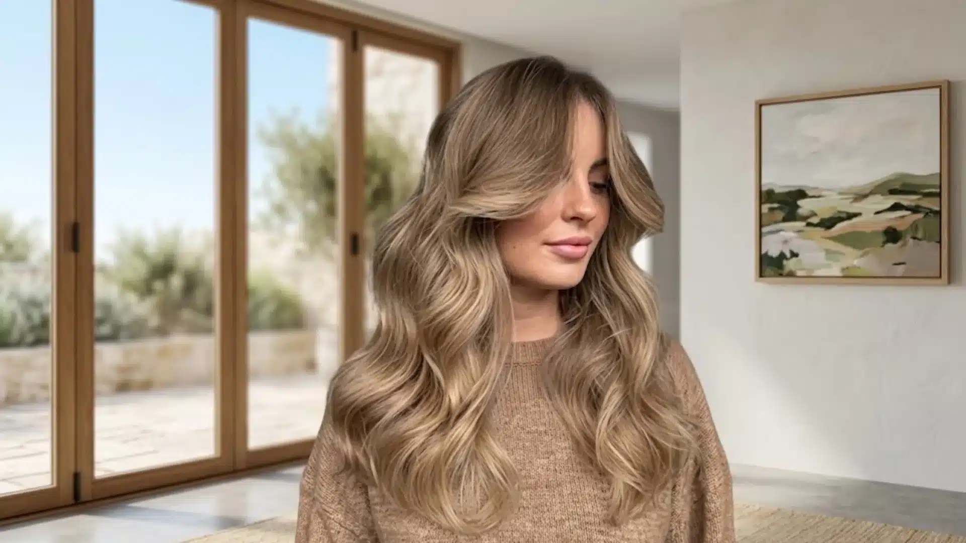 A woman with long, wavy blonde hair and a light brown sweater in a bright, modern room