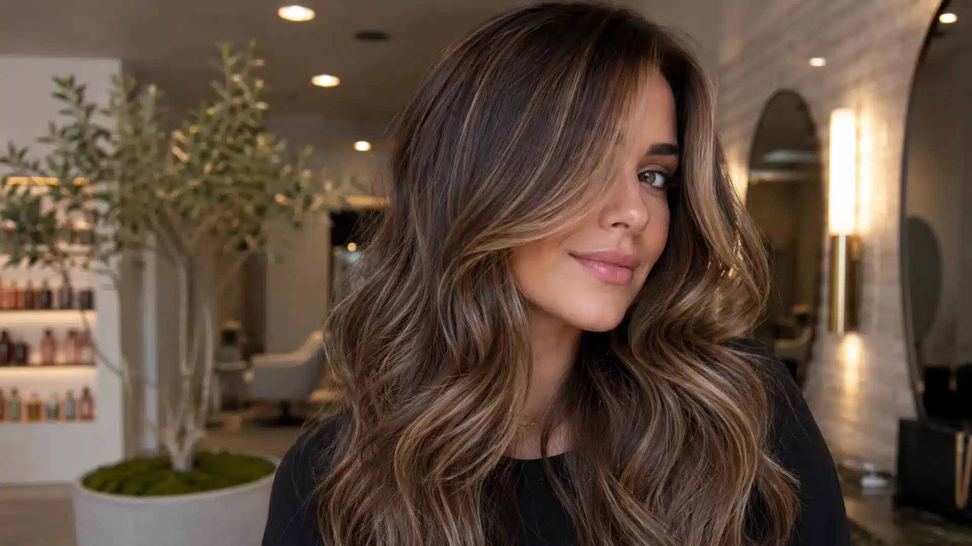 A woman with long, wavy brown hair with honey highlights smiles in a bright, modern salon with an olive tree behind her