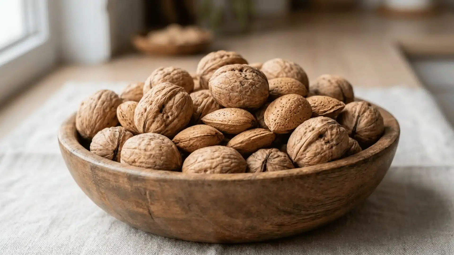 A wooden bowl filled with walnuts and almonds