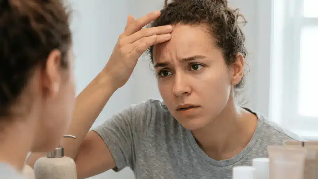 A young adult examining their reflection, concerned by forehead bumps on one side while the other appears smooth