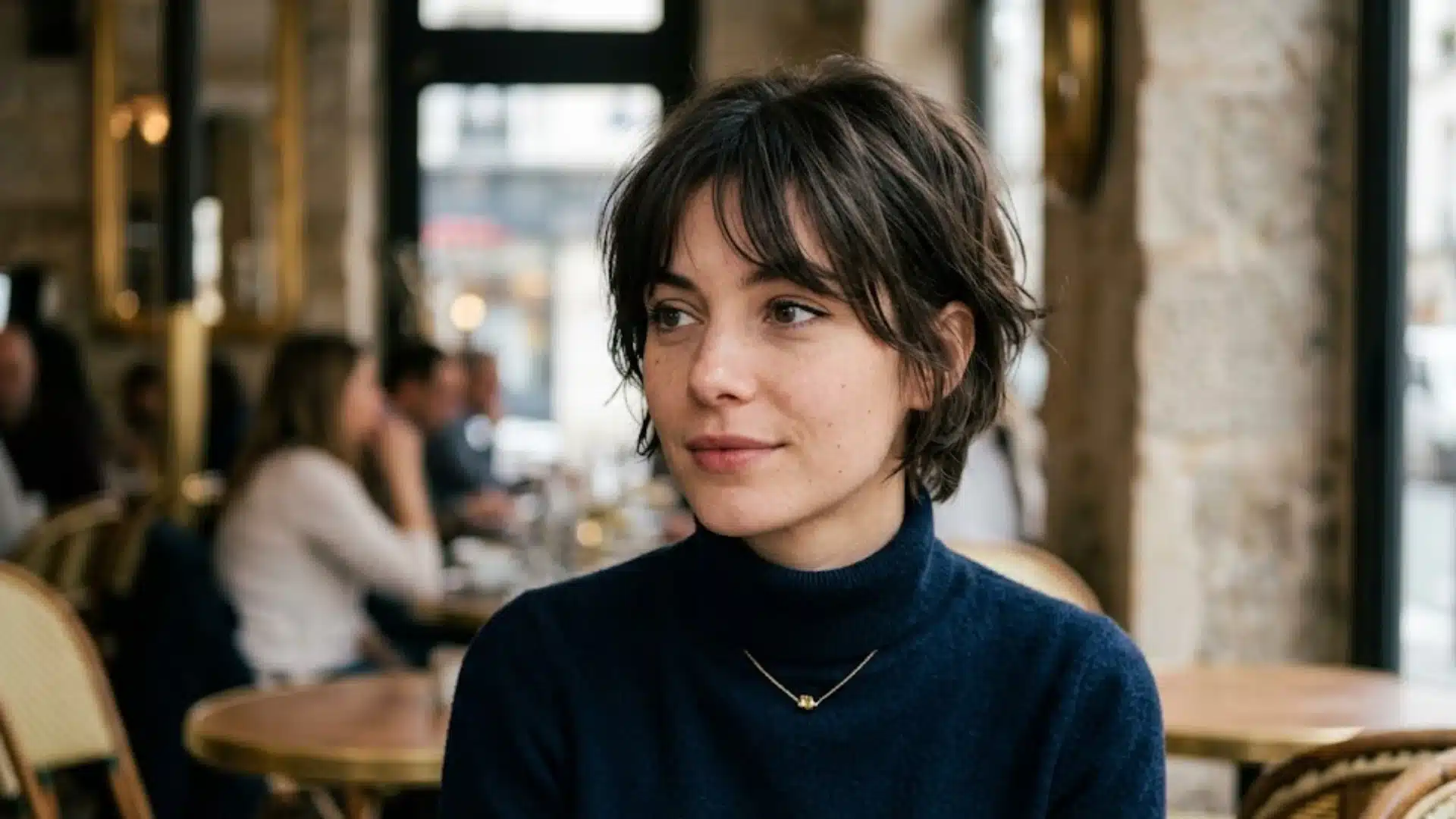 A young woman with a short, textured brunette haircut and a navy turtleneck sits in a European-style cafe