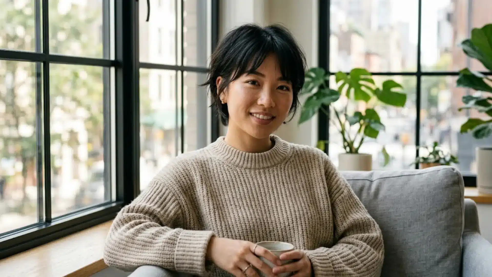 A young woman with short black hair sits on a grey couch holding a mug, smiling near a window with house plants