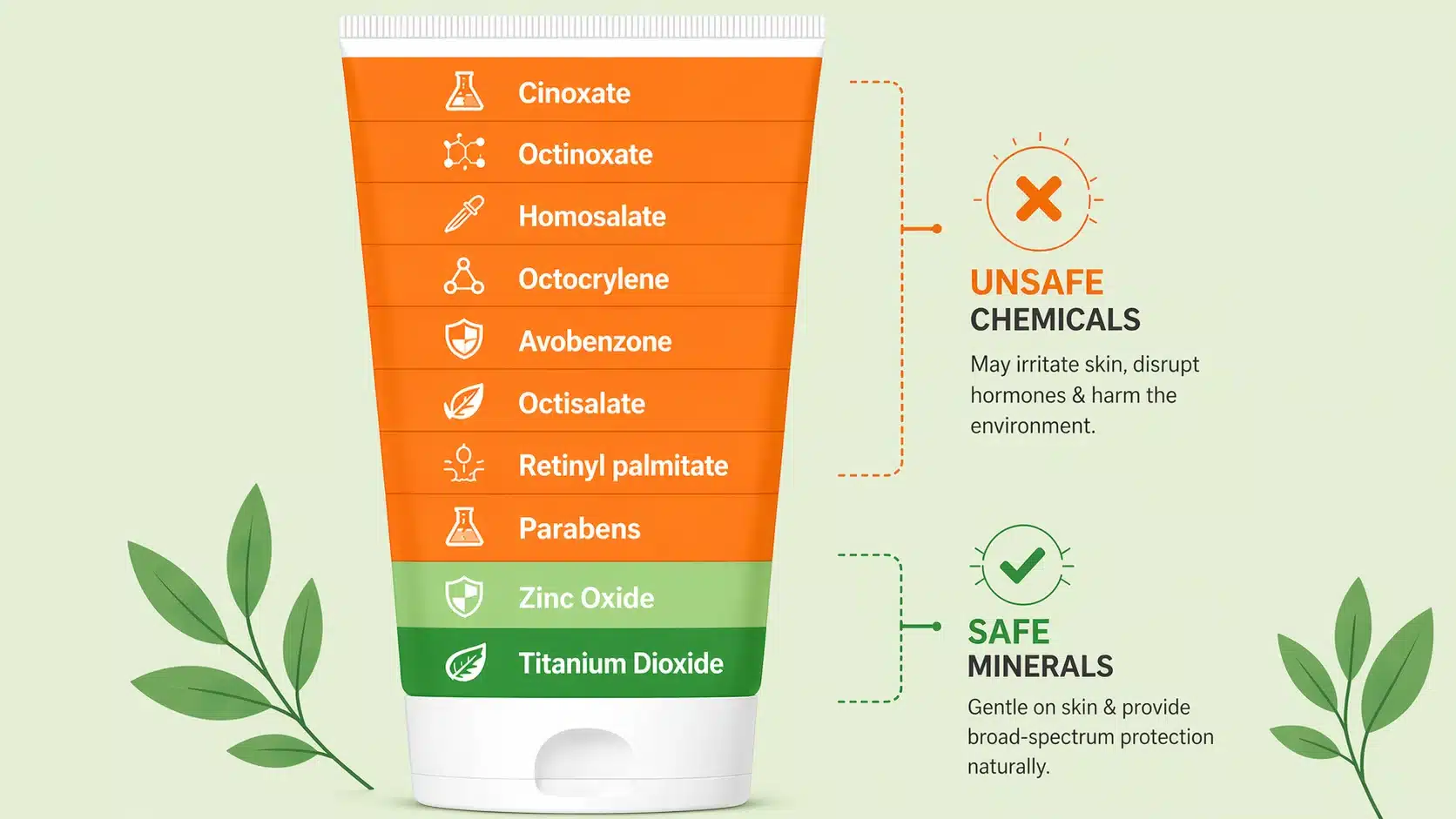 An infographic showing a sunscreen tube divided into 