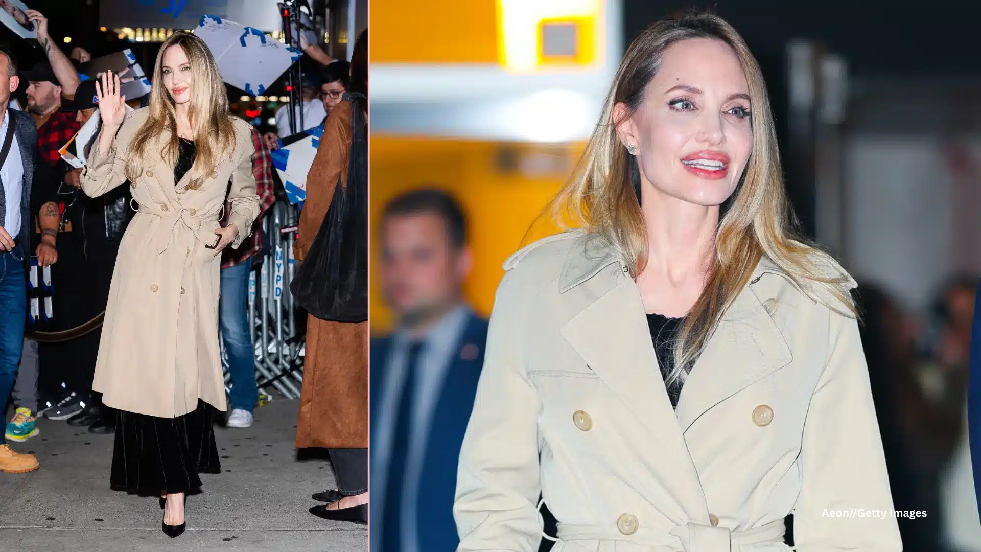 Angelina Jolie at a screening for her film Maria in New York City wearing a trench coat