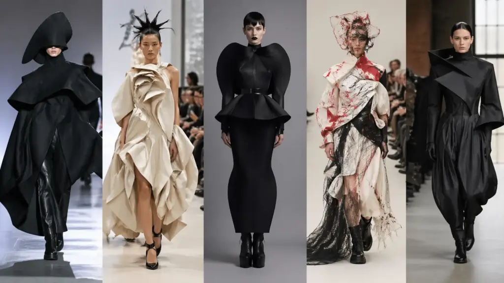 Avant garde runway fashion with sculptural black and cream outfits, bold shapes, textures, and dramatic silhouettes