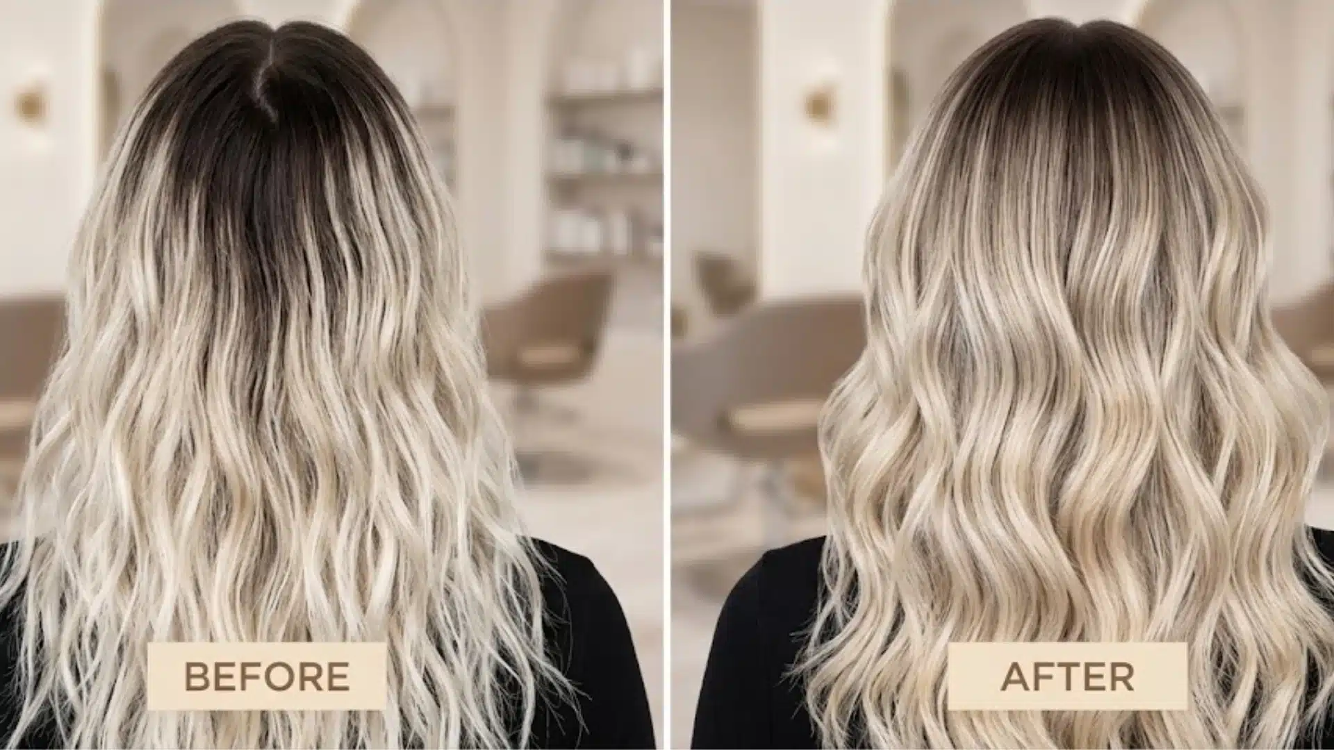 Back view of blonde hair showing dark roots before and blended root smudge after salon treatment