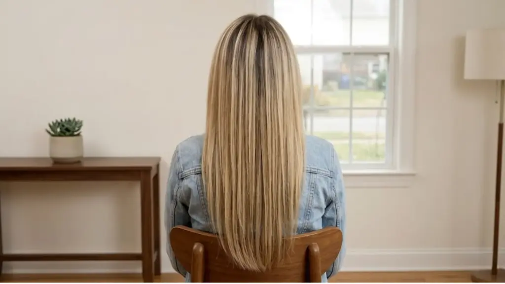Back view of blonde hair with darker roots showing natural hair color transition indoors