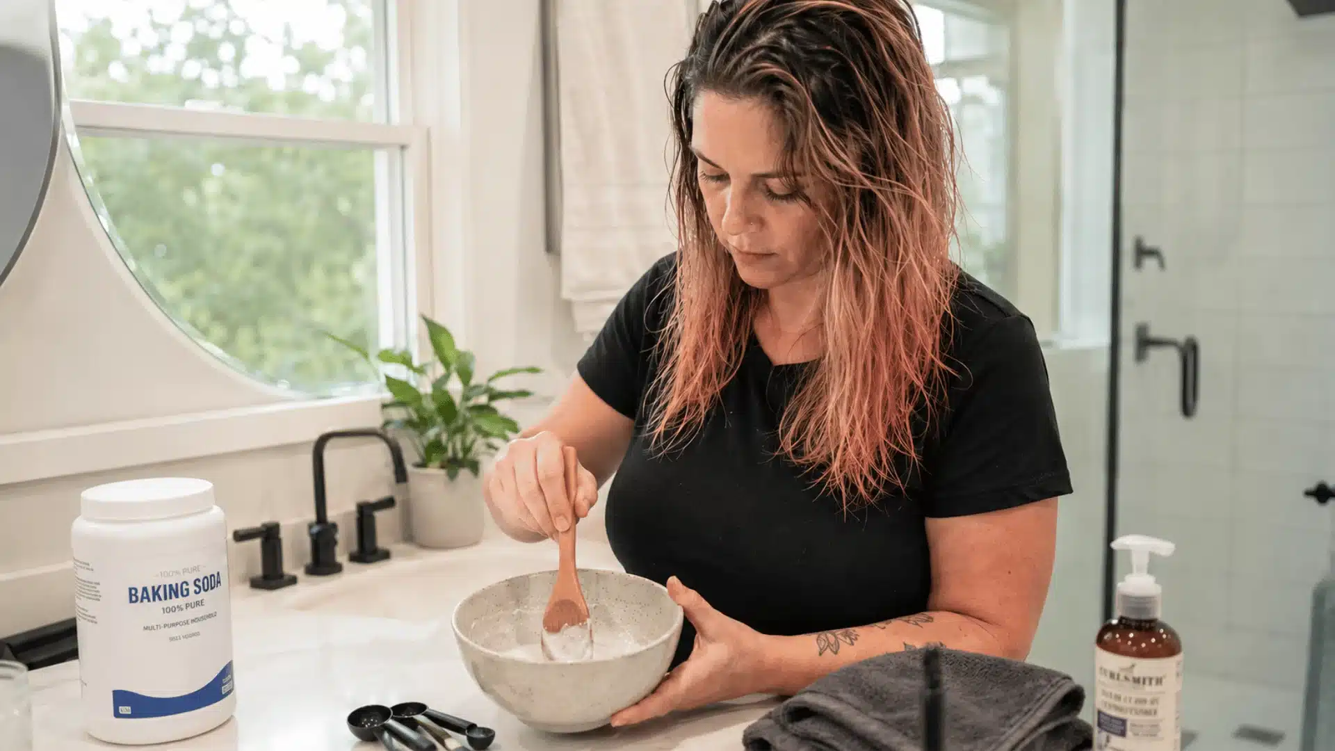 Baking soda paste treatment applied to dyed hair at home