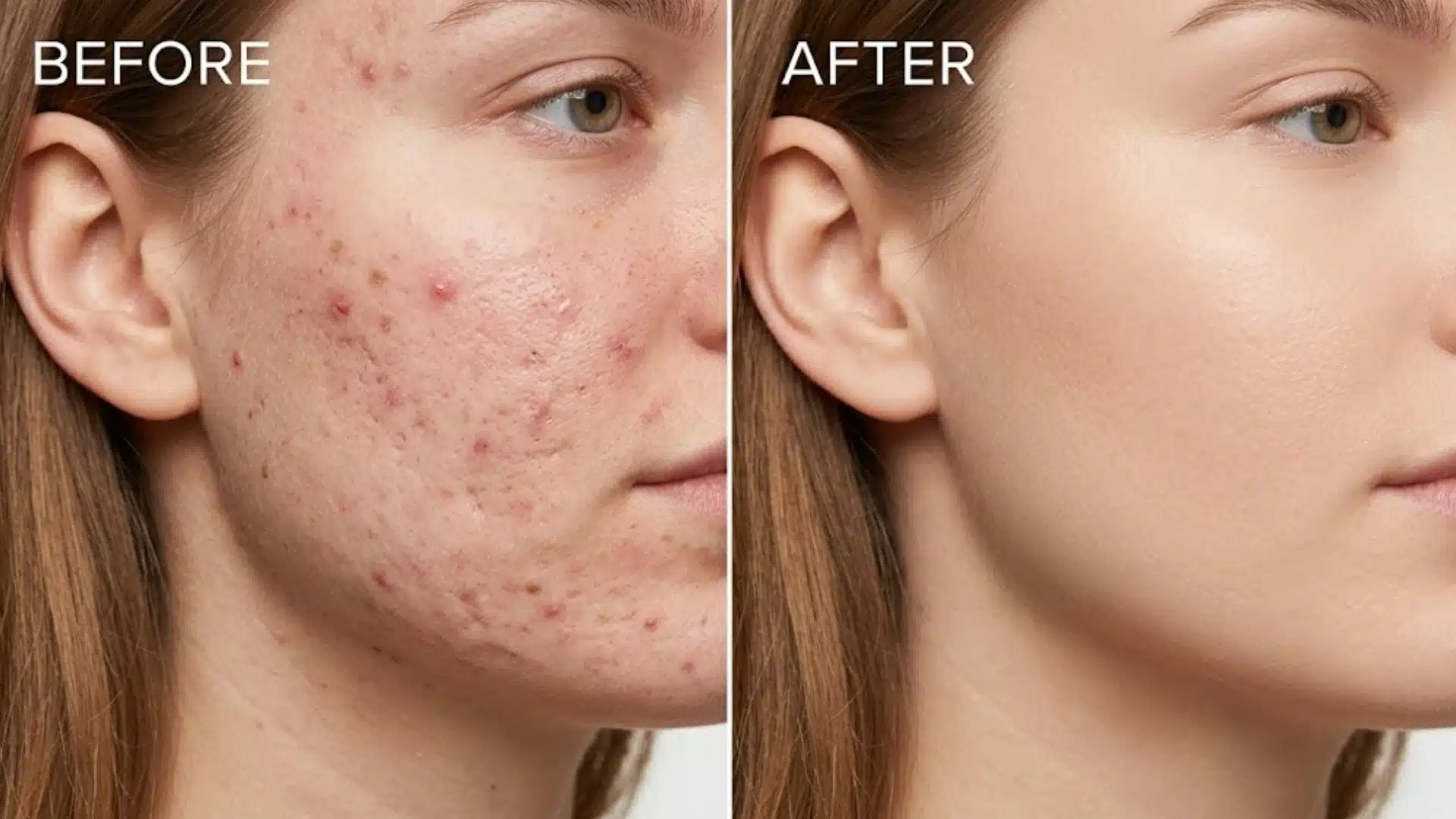 Before and after acne scar treatment showing smoother skin, faded marks, and clearer facial texture