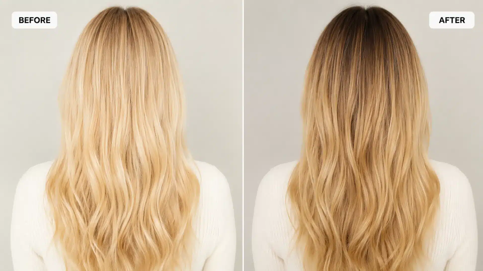 Before and after comparison of blonde hair turning brown gradually from the roots back view