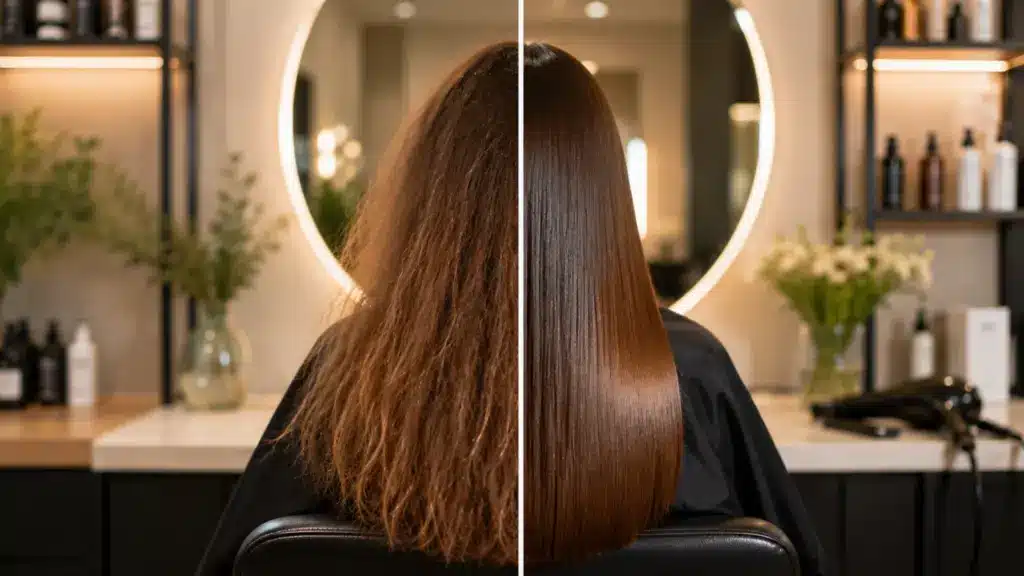 Before and after comparison showing frizzy, dry hair transformed into smooth, shiny, and straight hair in a salon