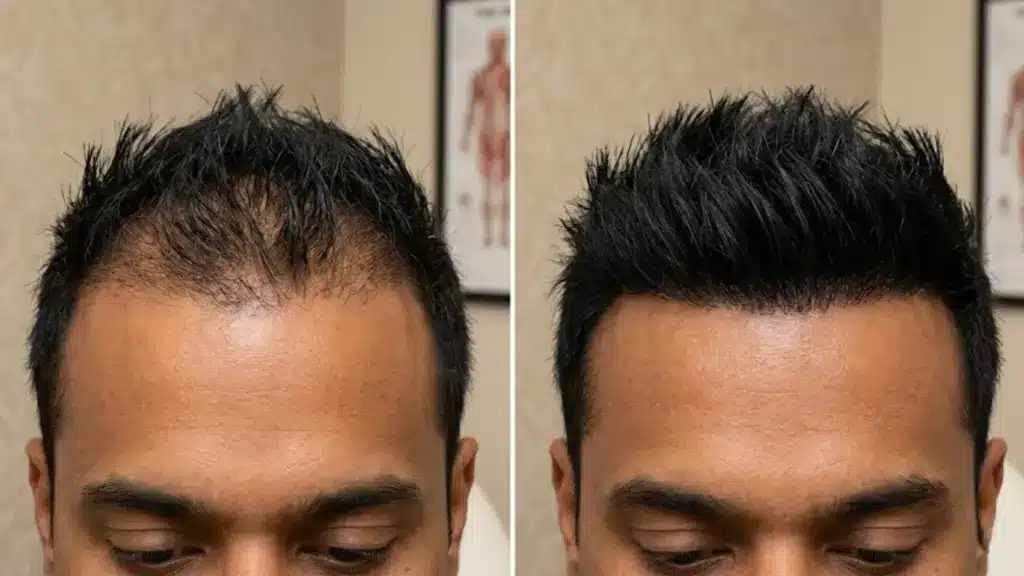 Before and after hairline lowering surgery showing reduced forehead size and fuller hairline appearance