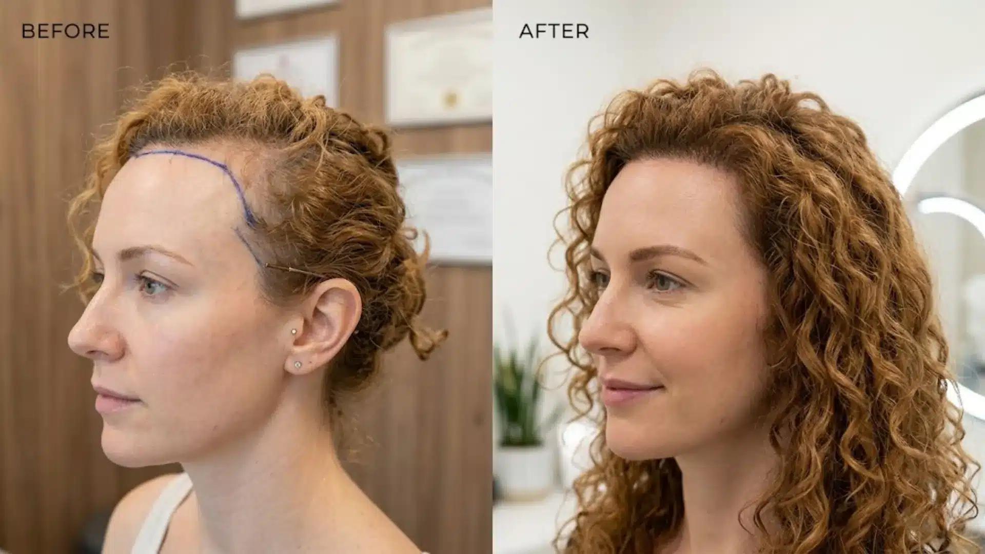 Before and after hairline lowering surgery showing lower hairline and balanced forehead appearance